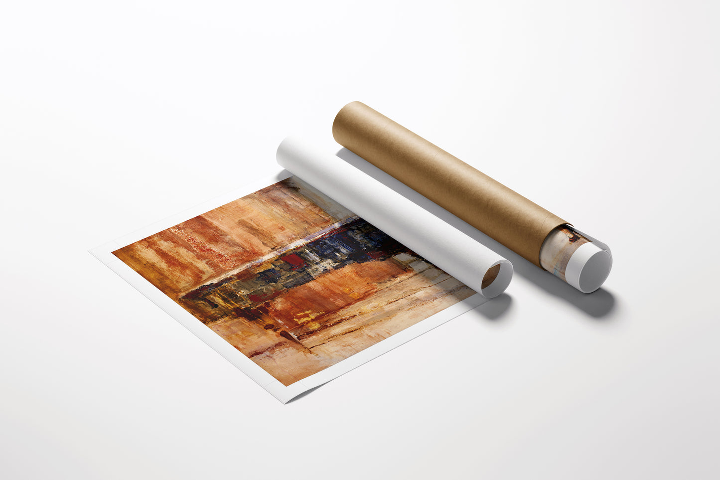 Rolled fine art canvas print featuring rich, warm tones and abstract, textured design beside protective kraft paper tube,. - Sophia's Song/AP/#409 - Artist Proofs, Figurative AP, Rolled Canvas, Women & Piano AP