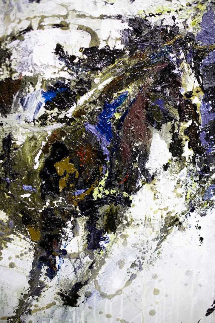 Abstract fine art canvas with rich blues, yellows, and earthy tones creating dynamic textured forms and expressive. - Cavalier/#423/B - Abstract, Blues, Color, Prints, Subject Matter, Yellows