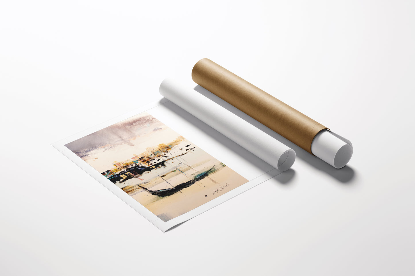 Limited edition Venice triptych fine art print on white high-quality paper beside white and brown rolled canvas tubes,. - Venice triptych (right)/AP/#435 - Abstract AP, Artist Proofs, Rolled Canvas, Water Scenes AP