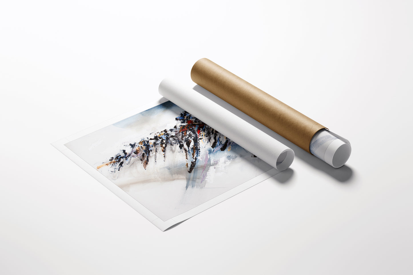 Limited fine art Cyclists/AP/#450 with rich colors on rolled canvas beside two cylindrical kraft tubes, showcasing. - Cyclists/AP/#450 - Abstract AP, Artist Proofs, Figurative AP, Rolled Canvas