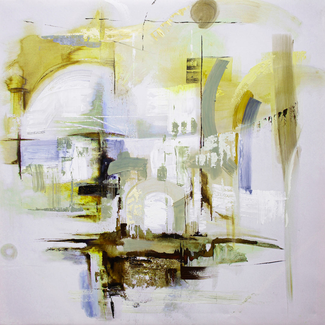 Limited fine art canvas print featuring abstract shapes in rich yellows, muted greens, and subtle grays with layered. - The Forgotten Land/#459/A - Abstract, Color, Prints, Subject Matter, Yellows