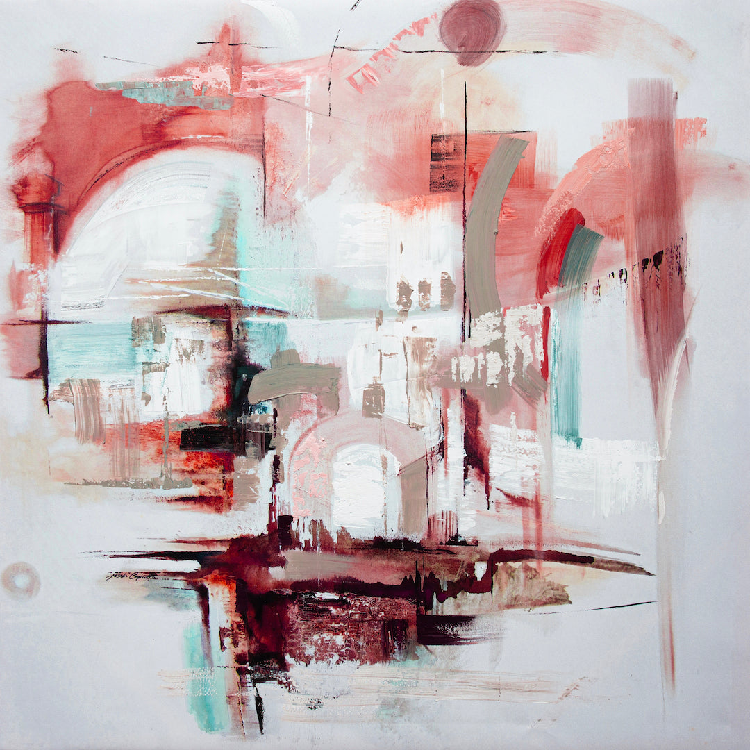 Abstract fine art print featuring rich reds and muted blues with architectural forms and dynamic brushstrokes, gallery-level . - The Forgotten Land/#459/B - Abstract, Color, Prints, Reds, Subject Matter