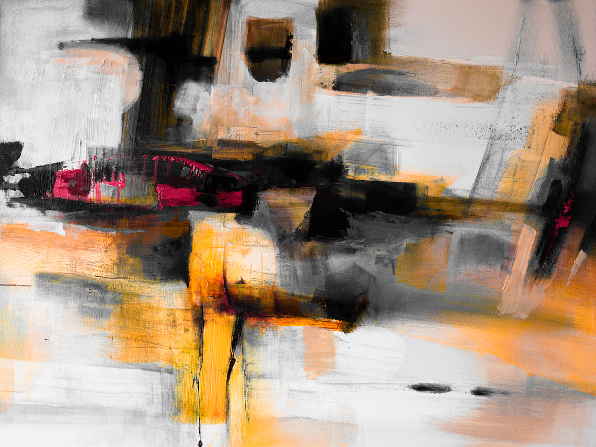 Abstract fine art canvas featuring rich oranges and blacks in dynamic brushstrokes, showcasing gallery-level craftsmanship. - Abstract #2/#483/A - Abstract, Color, Oranges, Prints, Subject Matter
