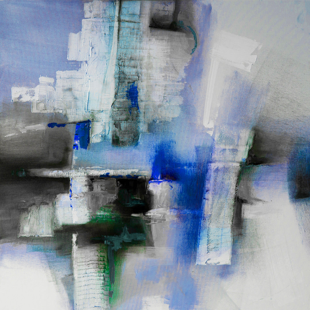 Abstract fine art print with rich blues, soft grays, and textured white brushstrokes, showcasing refined craftsmanship and. - Abstract #4/#487/B - Abstract, Blues, Color, Prints, Subject Matter