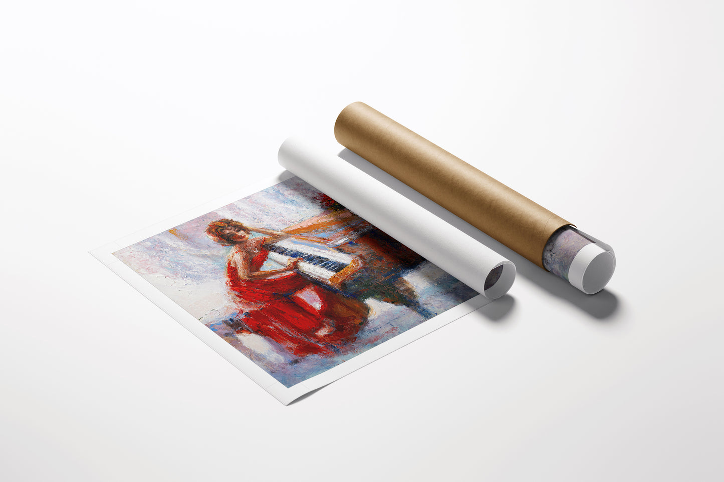 Limited edition fine art rolled canvas featuring a rich, detailed figurative scene of a woman playing piano, showcasing. - Times Revisited/AP/#507 - Artist Proofs, Figurative AP, Rolled Canvas, Women & Piano AP