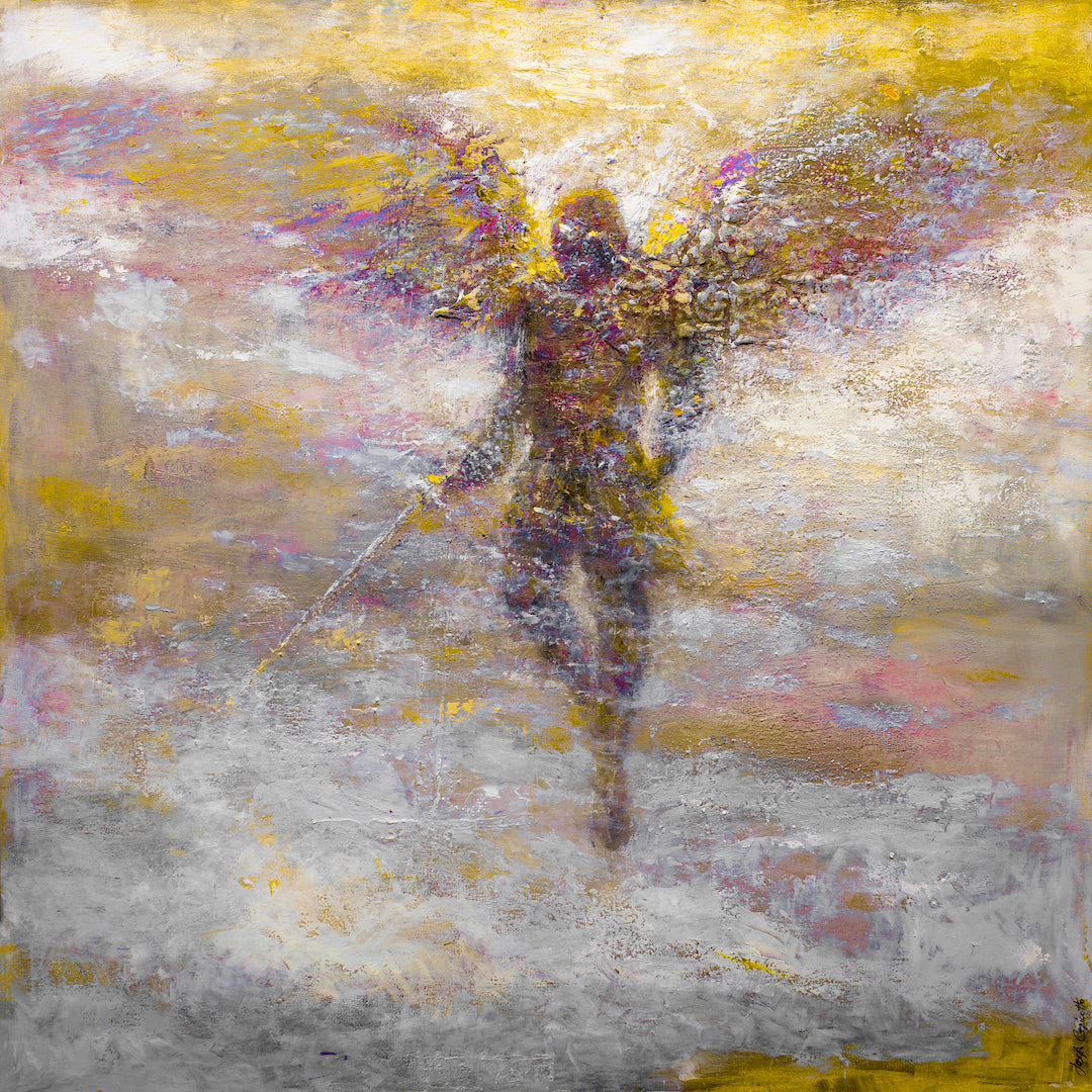 Limited gallery-level fine art print depicting a figurative archangel with outstretched wings in rich yellows and muted. - Archangel/#516/A - Color, Figurative, Prints, Subject Matter, Yellows