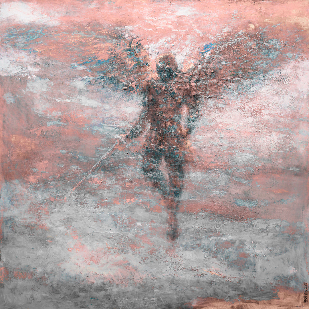 Limited fine art canvas print depicting a rich, textured red-toned archangel figure with wings, blending abstract and. - Archangel/#516/C - Color, Figurative, Prints, Reds, Subject Matter
