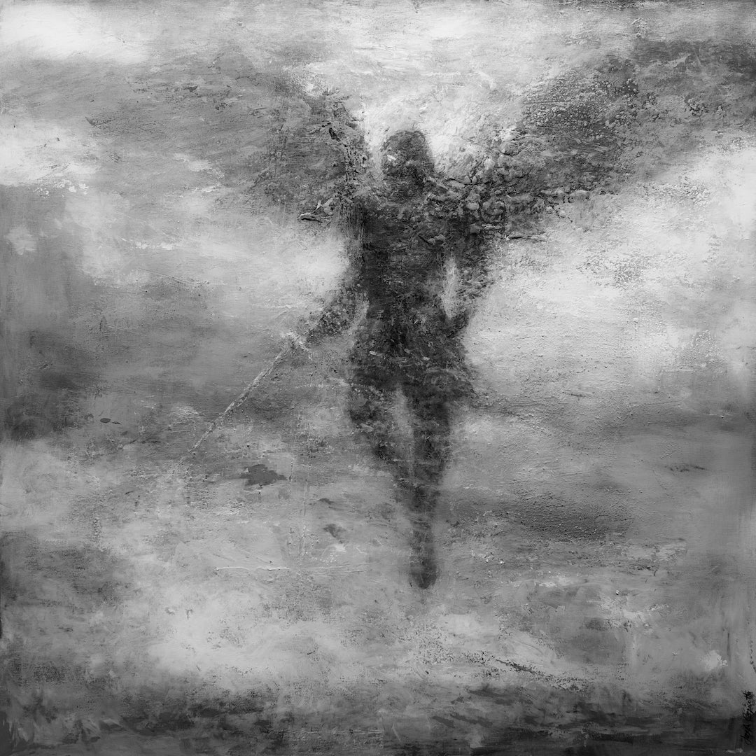 Black and white fine art print of a blurred angelic figure with outstretched wings, rich texture and gallery-level. - Archangel/#516/D - Black & White, Color, Figurative, Prints, Subject Matter