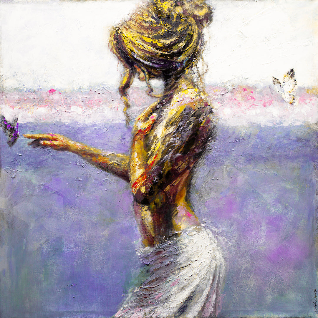 Gallery-level fine art painting of a figure with golden hair turned away, reaching towards a butterfly, set against a rich. - Silk Touch/#518/B - Color, Figurative, Prints, Purples, Subject Matter, Yellows