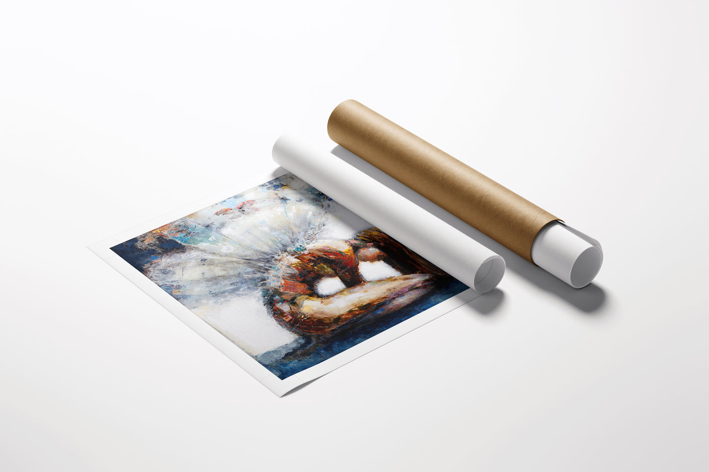 Limited edition Chrysalis fine art print on rolled canvas beside a brown protective tube showcasing rich colors and. - Chrysalis/AP/#521 - Artist Proofs, Figurative AP, Rolled Canvas