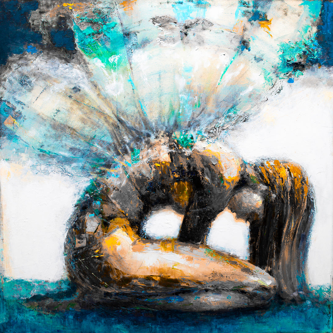 Figurative fine art canvas featuring rich blues, oranges, and earth tones with textured brushstrokes and layered. - Chrysalis/#521/B - Blues, Color, Figurative, Oranges, Prints, Subject Matter