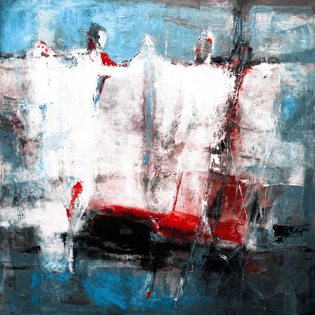 Abstract fine art painting with rich blues, reds, and whites depicting three blurred dancing figures, showcasing. - Disguised in Dance/#522/A - Abstract, Blues, Color, Prints, Reds, Subject Matter
