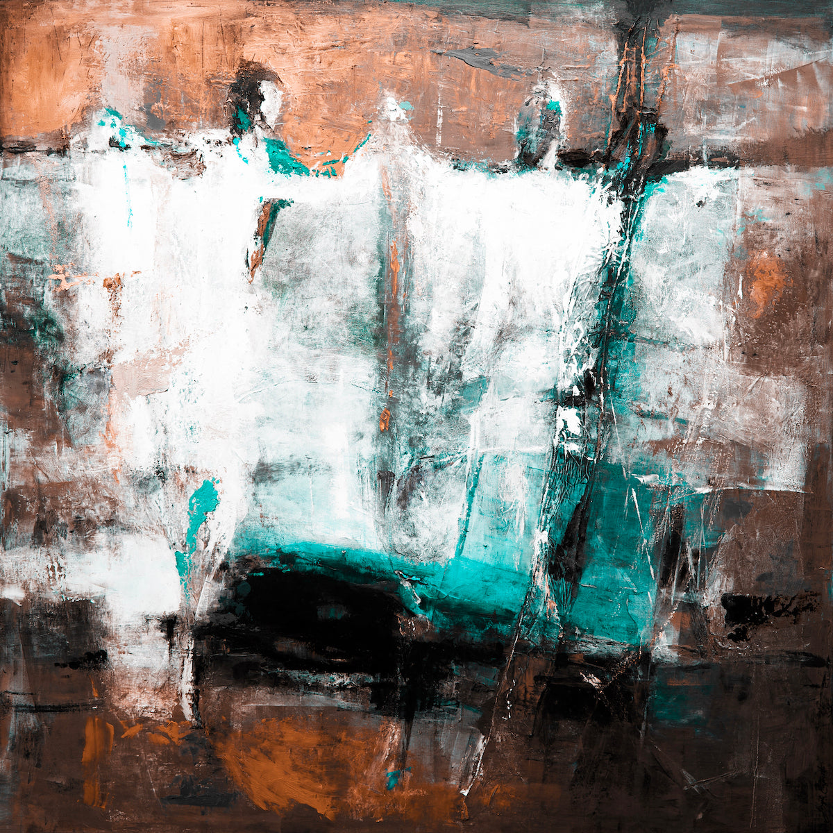 Abstract fine art painting featuring dancing figures in rich oranges, blues, and whites with textured brushstrokes and. - Disguised in Dance/#522/B - Abstract, Blues, Color, Oranges, Prints, Subject Matter