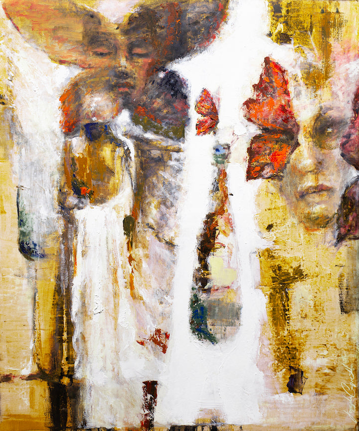 Abstract fine art canvas featuring rich oranges and yellows with expressive, textured brushstrokes and layered figures,. - Memoirs in Migration/#523/C - Abstract, Color, Oranges, Prints, Subject Matter, Yellows