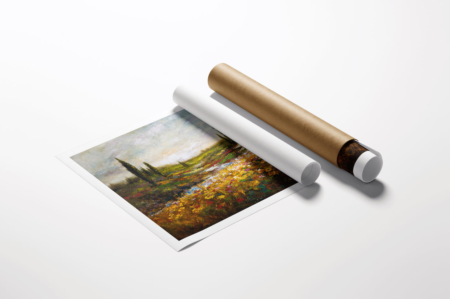 Limited edition fine art print titled The Valley/AP/#537 showing a rich landscape with vibrant colors beside two protective. - The Valley/AP/#537 - Artist Proofs, Landscape AP, Rolled Canvas