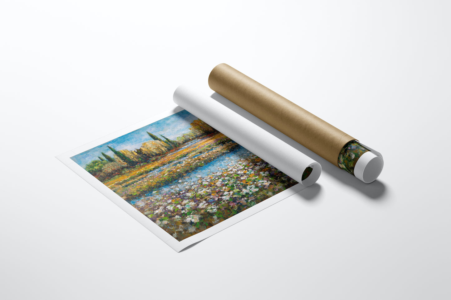 Rolled canvas fine art print of a vibrant purple and gold landscape with rich floral foreground and detailed water scene,. - Purple and Gold 2/AP/#540 - Artist Proofs, Landscape AP, Rolled Canvas, Water Scenes AP