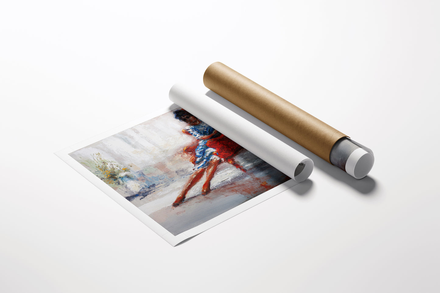 Rolled fine art canvas showing a rich, gallery-level figurative painting with dynamic red and blue tones next to a gold and. - Centerpiece/AP/#555 - Artist Proofs, Figurative AP, Rolled Canvas