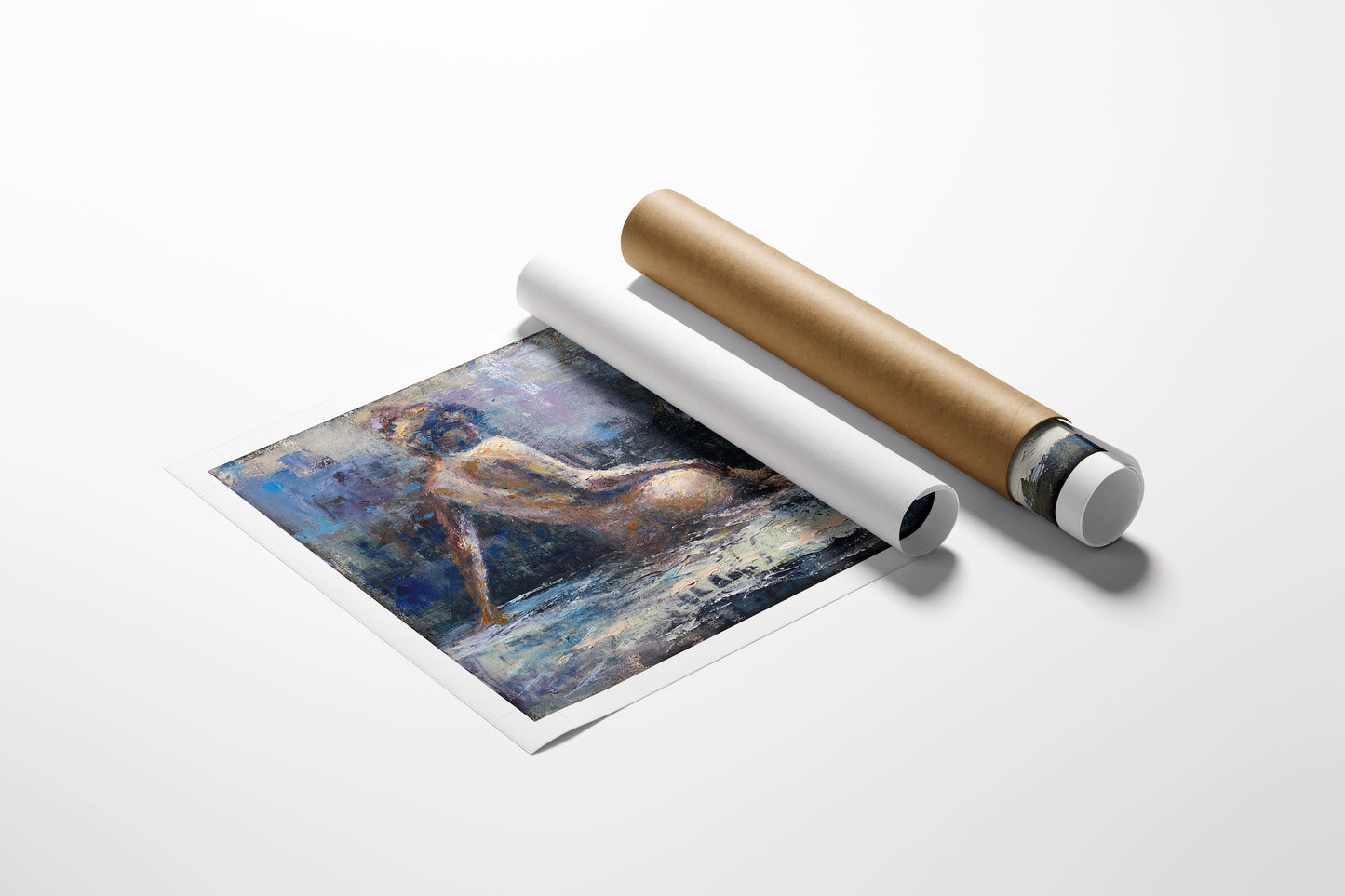 Rolled fine art canvas print titled Moonlight Model/AP/#556 showing a richly textured, figurative female figure in cool blue . - Moonlight Model/AP/#556 - Artist Proofs, Figurative AP, Rolled Canvas
