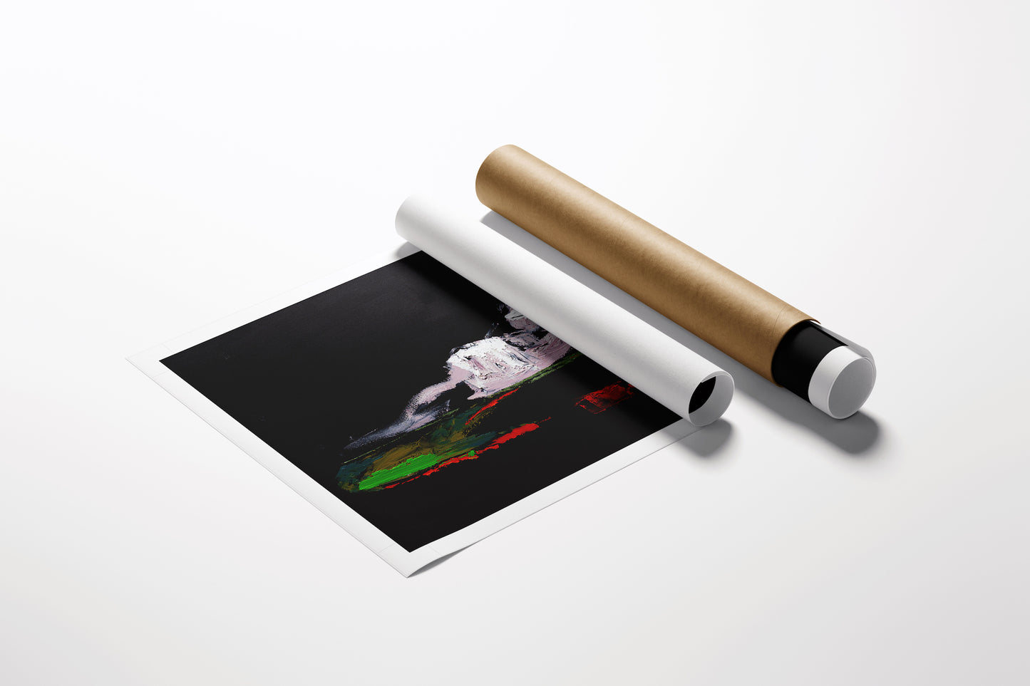 Rolled canvas featuring fine art of a white bird with green and red accents on a rich black background, showcasing. - Birdie/AP/#564 - Artist Proofs, Figurative AP, Rolled Canvas