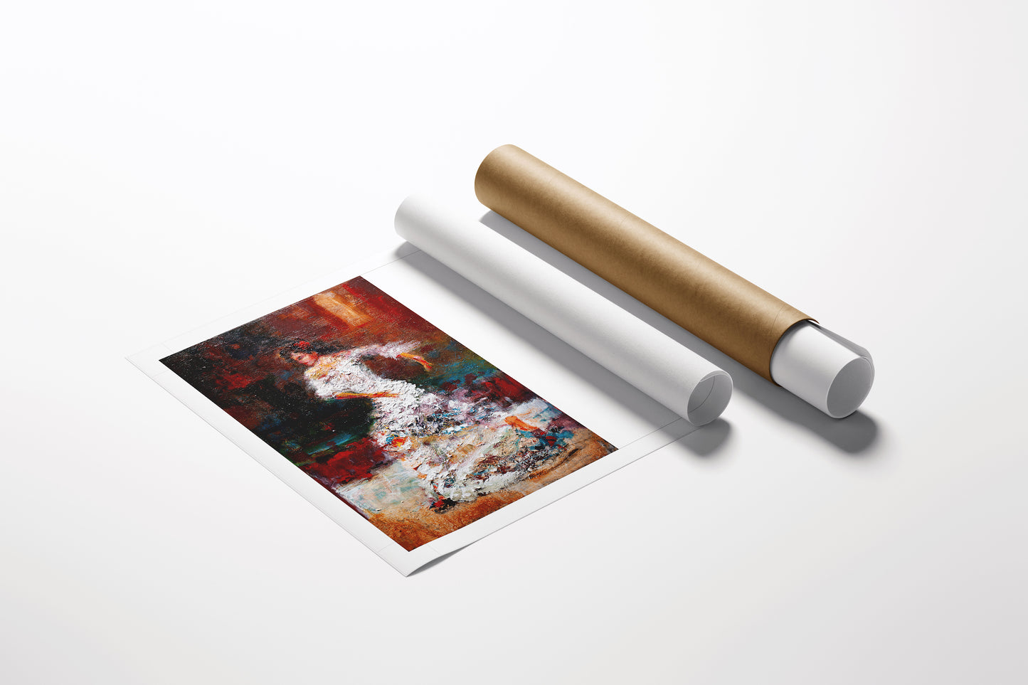 Limited fine art print Ole!/AP/#572 with rich, detailed dancer imagery on high-quality paper beside two protective canvas. - Ole!/AP/#572 - Artist Proofs, Dancers AP, Figurative AP, Rolled Canvas