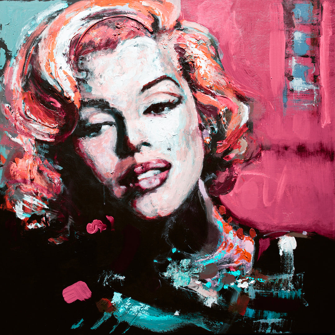 Gallery-level fine art canvas print featuring a rich, figurative portrait of Marilyn Monroe in reds and pinks, showcasing. - Marilyn/#574/B - Color, Figurative, Prints, Reds, Subject Matter