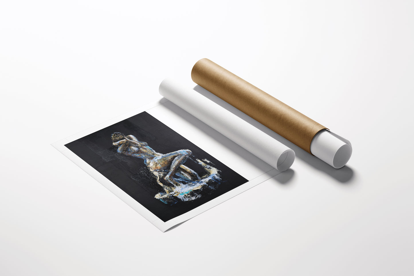 Limited edition fine art print of a figurative sculpture in rich metallic tones on black paper beside two rolled canvas. - Unravel (sculpture series)/AP/#581 - Artist Proofs, Figurative AP, Rolled Canvas