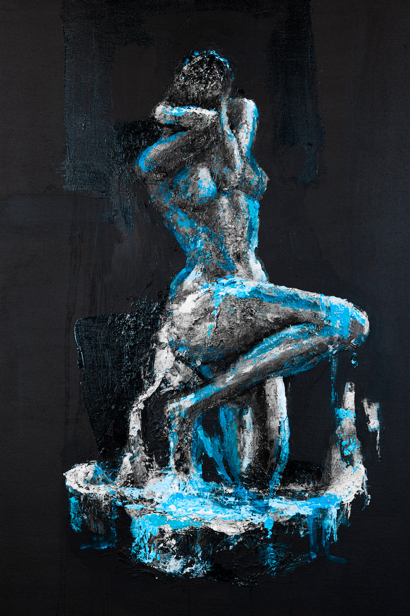 Limited fine art print of a figurative sculpture in rich blues and grays, highlighting detailed craftsmanship on a textured. - Unravel/#581/C - Blues, Color, Figurative, Prints, Subject Matter