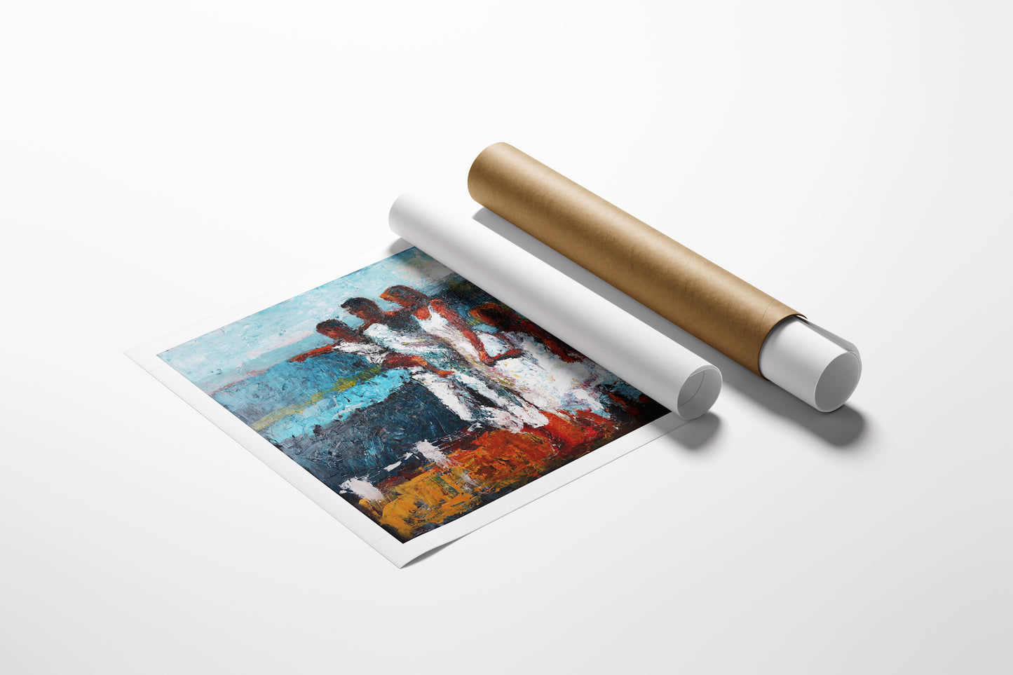 Rolled canvas fine art print titled Family Affair/AP/#584 showing rich, textured figures in earthy tones with blue sky. - Family Affair/AP/#584 - Artist Proofs, Figurative AP, Rolled Canvas