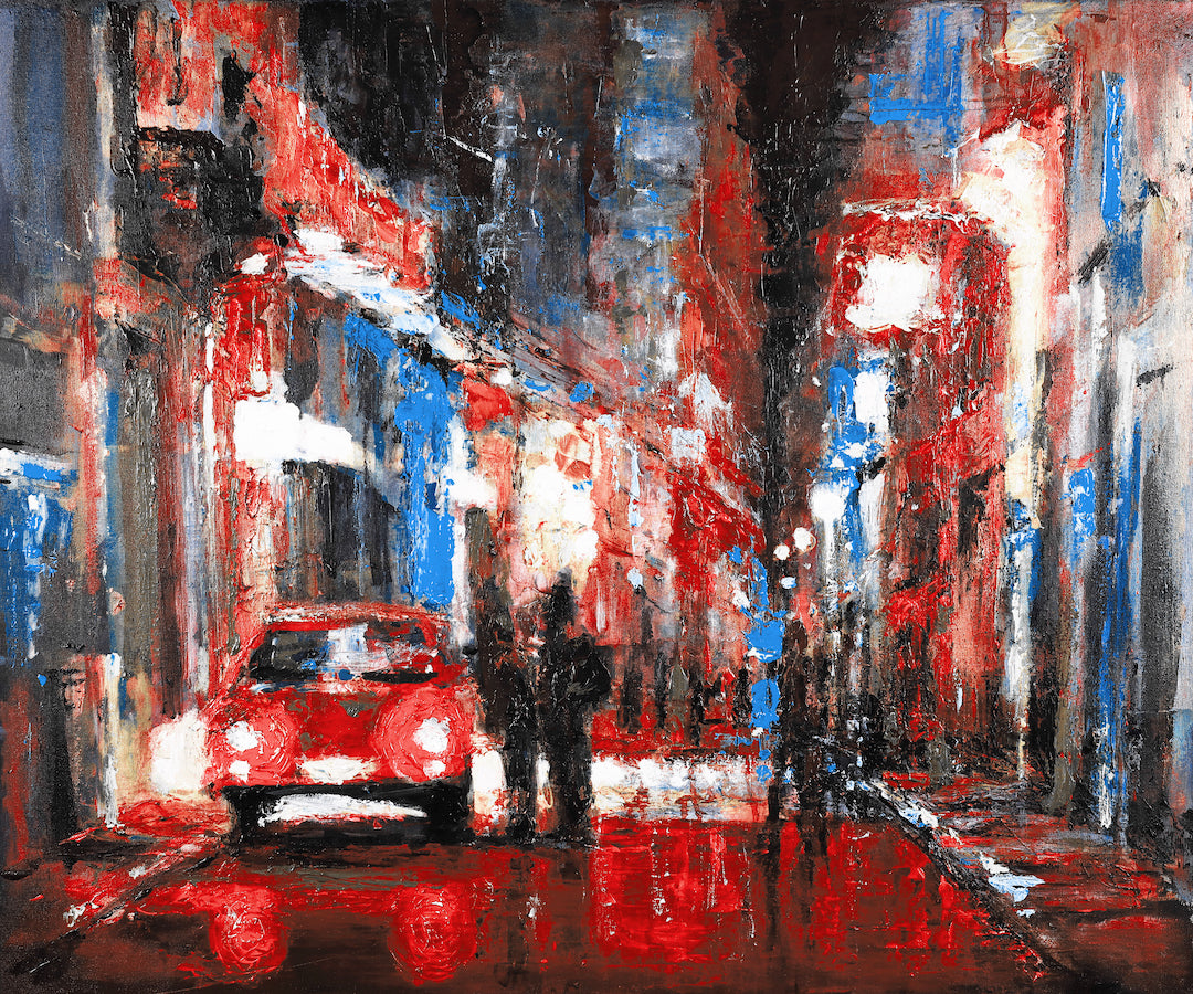 Limited fine art canvas print of a rich, textured cityscape at night with vibrant reds, blues, and deep blacks showcasing. - Havana Nights/#590/C - Blues, Cityscape, Color, Prints, Reds, Subject Matter