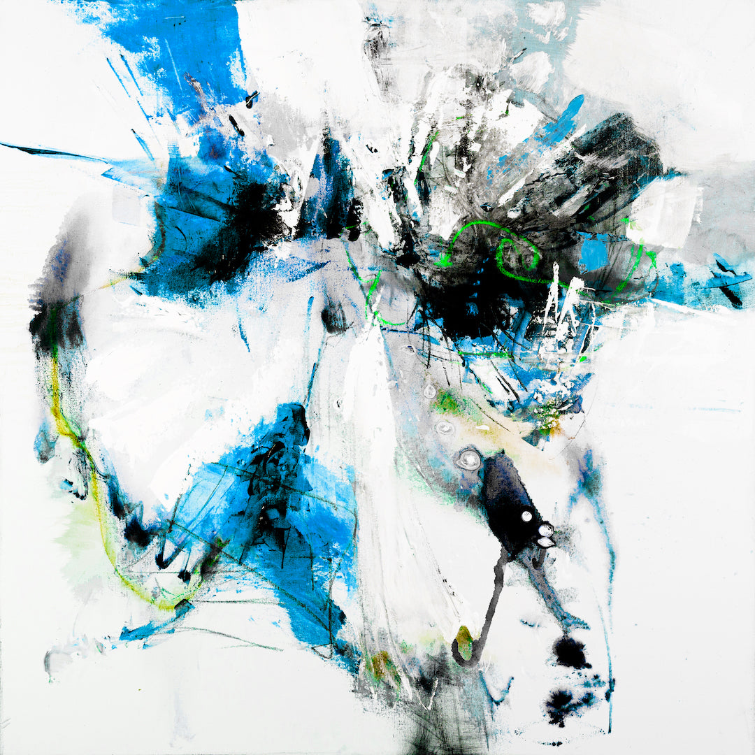 Abstract fine art print featuring dynamic blue, black, and green brushstrokes on white background, showcasing rich texture. - Inner Energy 3/#614/B - Abstract, Blues, Color, Prints, Subject Matter
