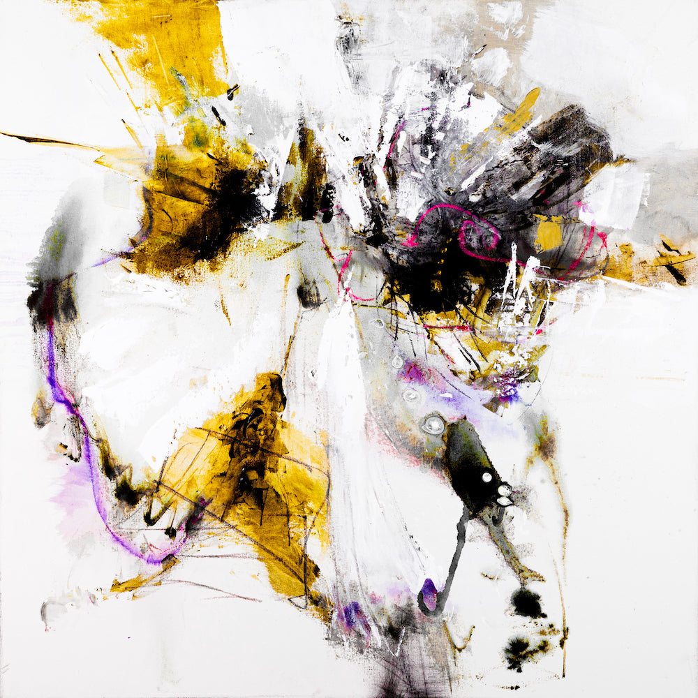 Rich abstract fine art with dynamic orange and yellow brushstrokes, accented by black and purple, showcasing gallery-level. - Inner Energy 3/#614/C - Abstract, Color, Oranges, Prints, Subject Matter, Yellows