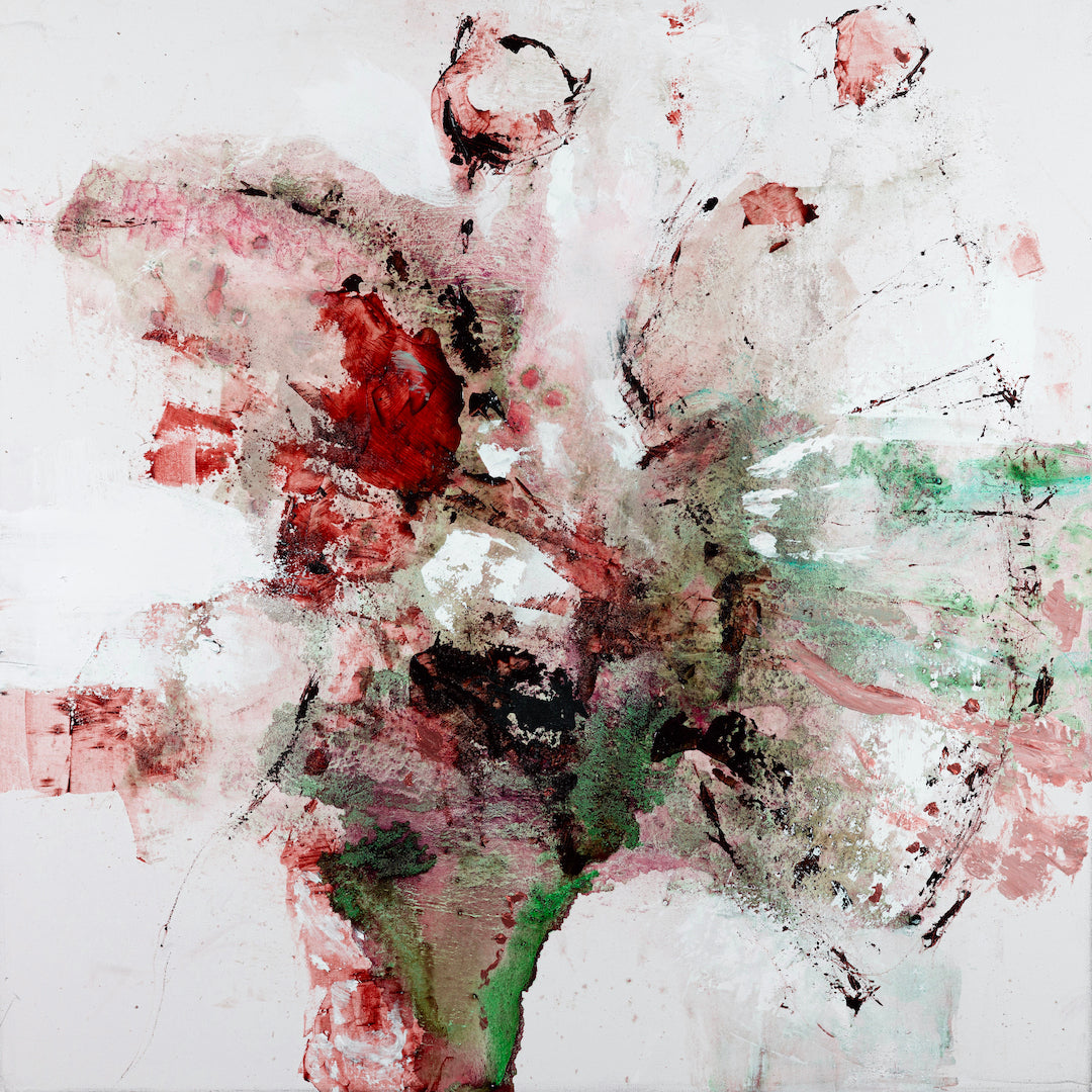 Limited fine art abstract canvas with rich reds, muted greens, and soft pinks showcasing gallery-level craftsmanship and. - Inner Energy 5/#616/A - Abstract, Color, Prints, Reds, Subject Matter