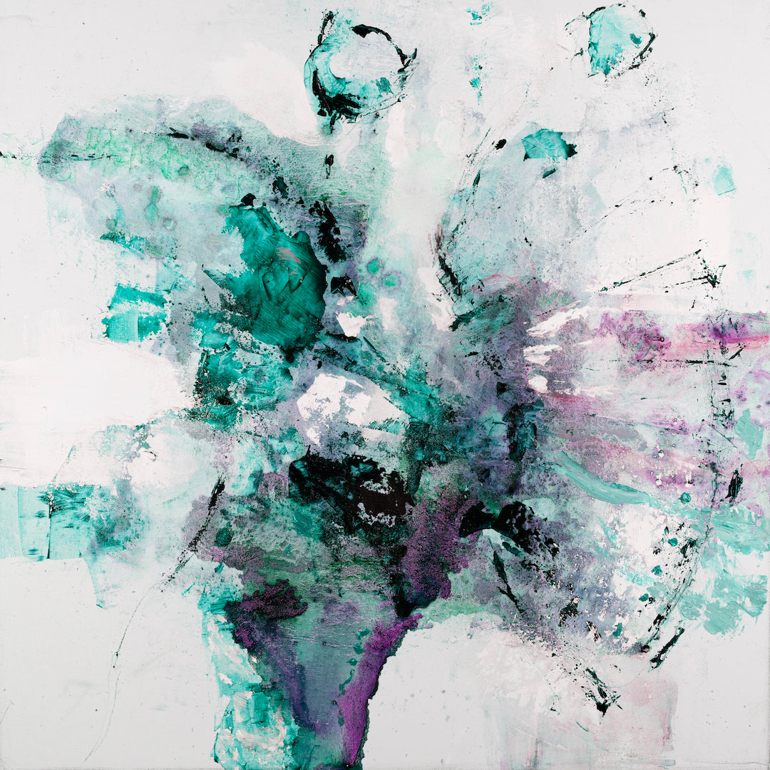 Abstract fine art canvas featuring rich greens and purples in dynamic, textured brushstrokes with gallery-level craftsmanship. - Inner Energy 5/#616/C - Abstract, Color, Greens, Prints, Subject Matter