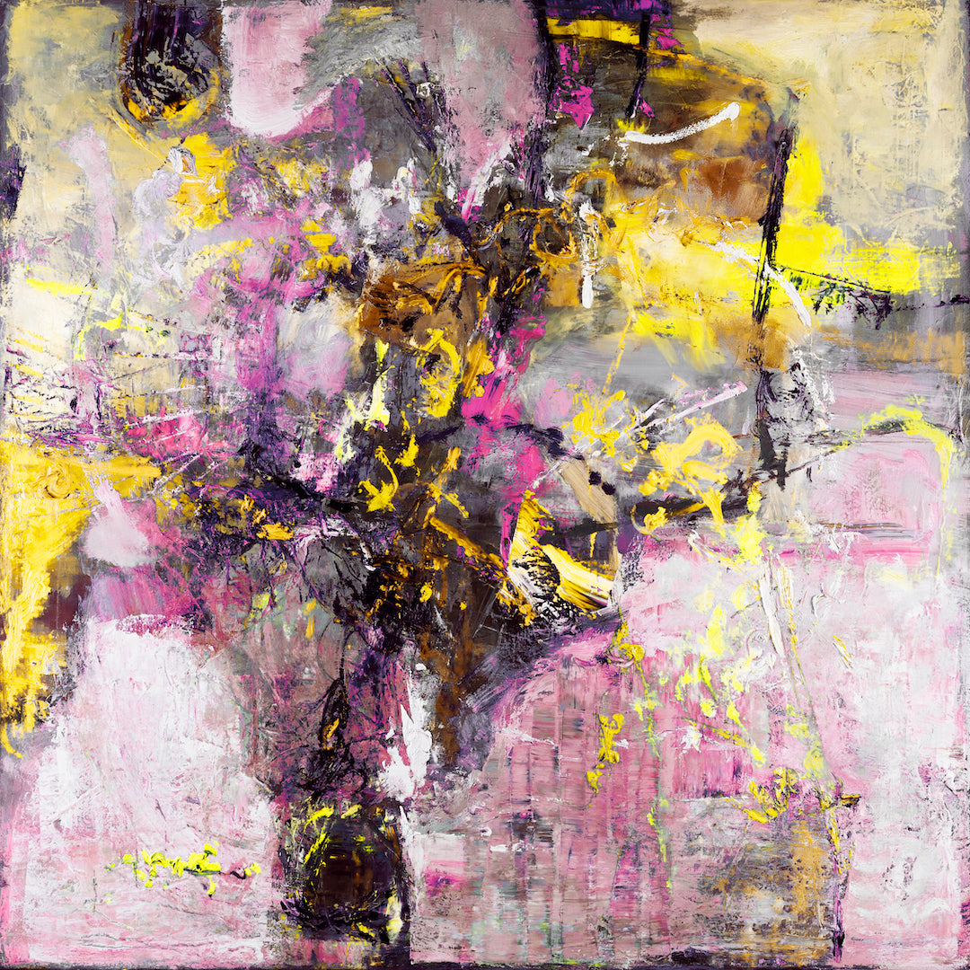 Abstract fine art canvas with rich purples, yellows, and pinks, showcasing detailed craftsmanship and gallery-level quality. - Escape/#636/B - Abstract, Color, Prints, Purples, Subject Matter, Yellows