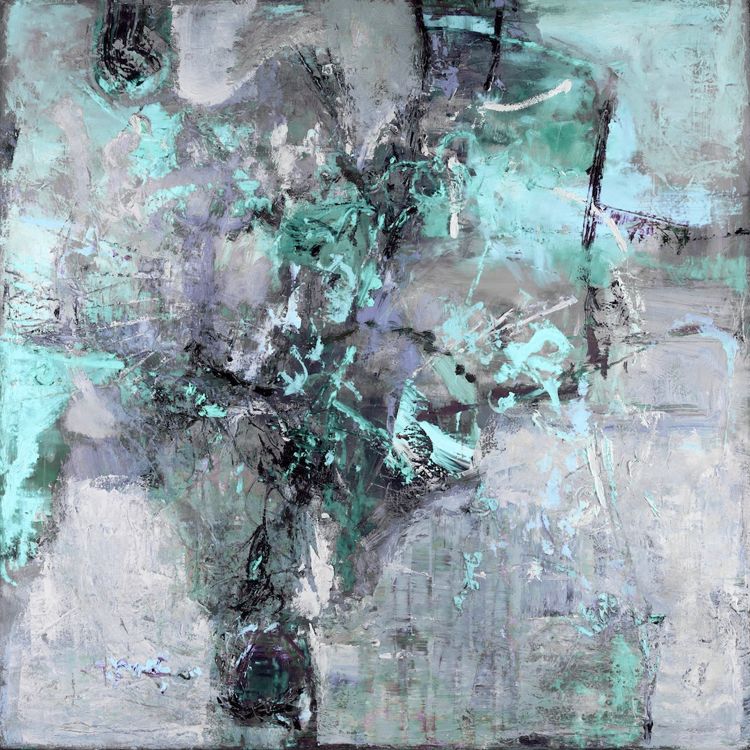 Limited edition fine art canvas print featuring rich abstract layers in shades of green and gray, showcasing gallery-level. - Escape/#636/C - Abstract, Color, Greens, Prints, Subject Matter