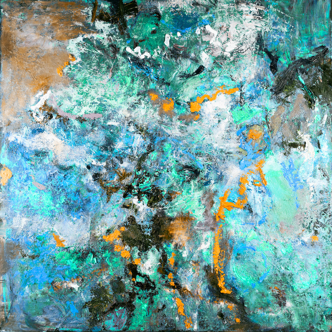 Abstract fine art print in rich blues, greens, and teals with hints of orange and textured brushstrokes, showcasing. - Armageddon/#639/A - Abstract, Blues, Color, Greens, Prints, Subject Matter