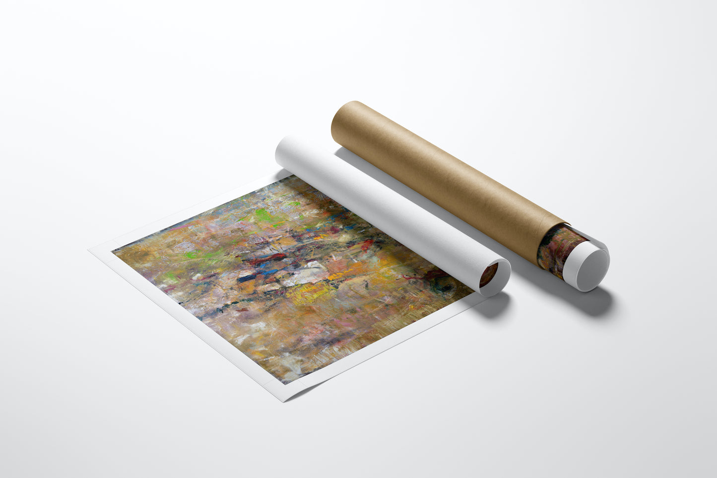 Rolled canvas fine art print with rich abstract texture in earthy tones, showcasing gallery-level craftsmanship, laid beside . - Echoes/AP/#640 - Abstract AP, Artist Proofs, Rolled Canvas
