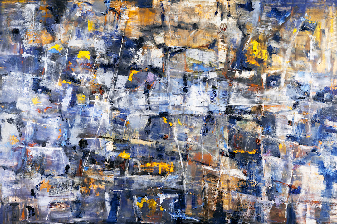 Abstract fine art canvas with rich blues, grays, and vibrant orange accents showcasing gallery-level craftsmanship and. - Crazy Diamond/#641/A - Abstract, Blues, Color, Oranges, Prints, Subject Matter