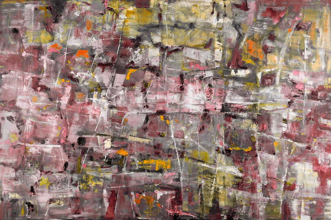 Abstract fine art canvas with rich reds, oranges, and yellows in textured, layered brushstrokes showcasing gallery-level. - Crazy Diamond/#641/C - Abstract, Color, Oranges, Prints, Reds, Subject Matter