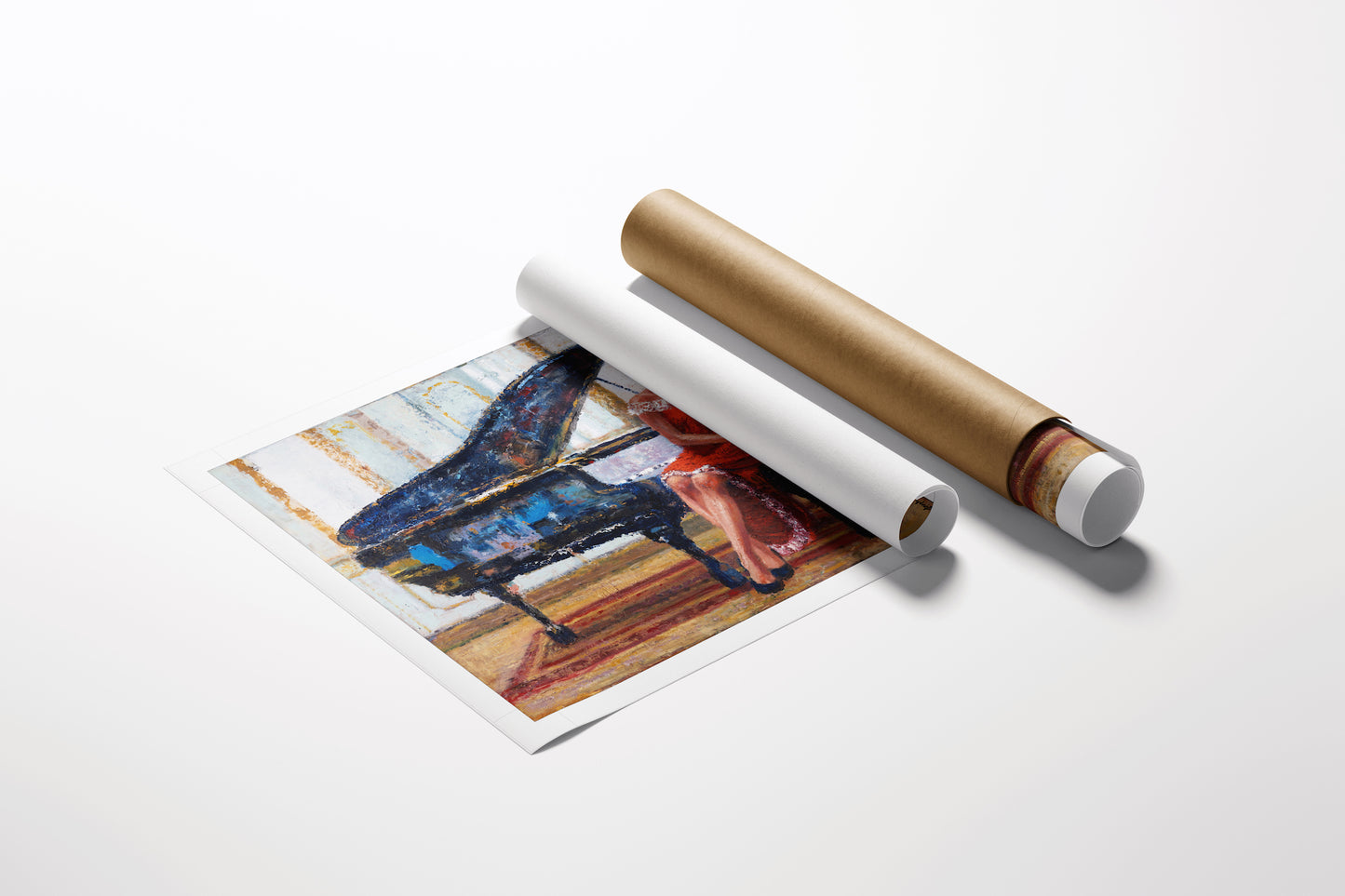 Rolled fine art canvas featuring rich, gallery-level figurative painting of a woman playing piano, showcasing expert. - Lessons in Love/AP/#651 - Artist Proofs, Figurative AP, Rolled Canvas, Women & Piano AP