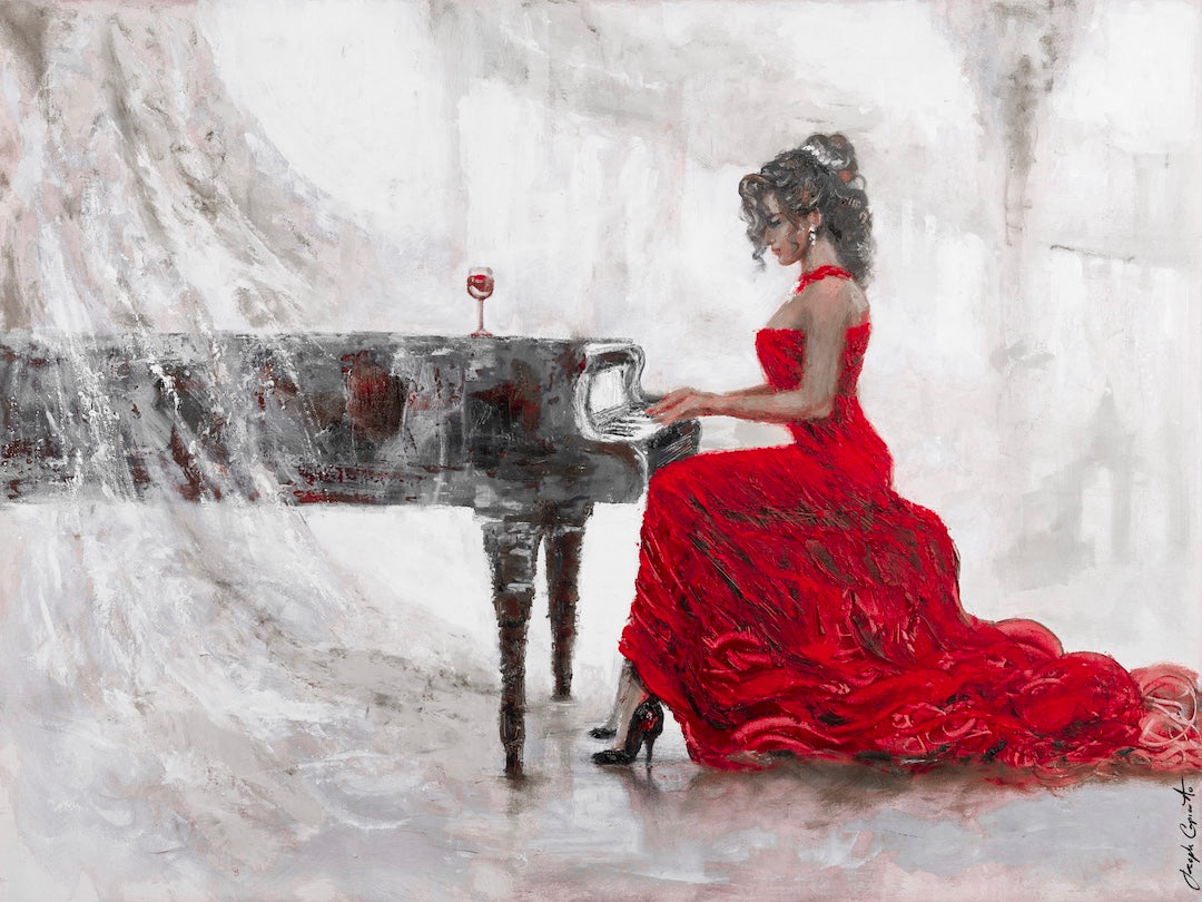 Gallery-level fine art print featuring a woman in a flowing red gown seated at a grand piano, rich reds and textured. - Flowing in Red/#654/A - Color, Figurative, Prints, Reds, Subject Matter, Women & Piano