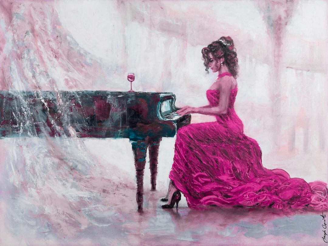 Gallery-level fine art featuring a woman in a rich red flowing gown playing a grand piano, highlighted by soft purples and. - Flowing in Red/#654/B - Color, Figurative, Greens, Prints, Purples, Subject Matter, Women & Piano