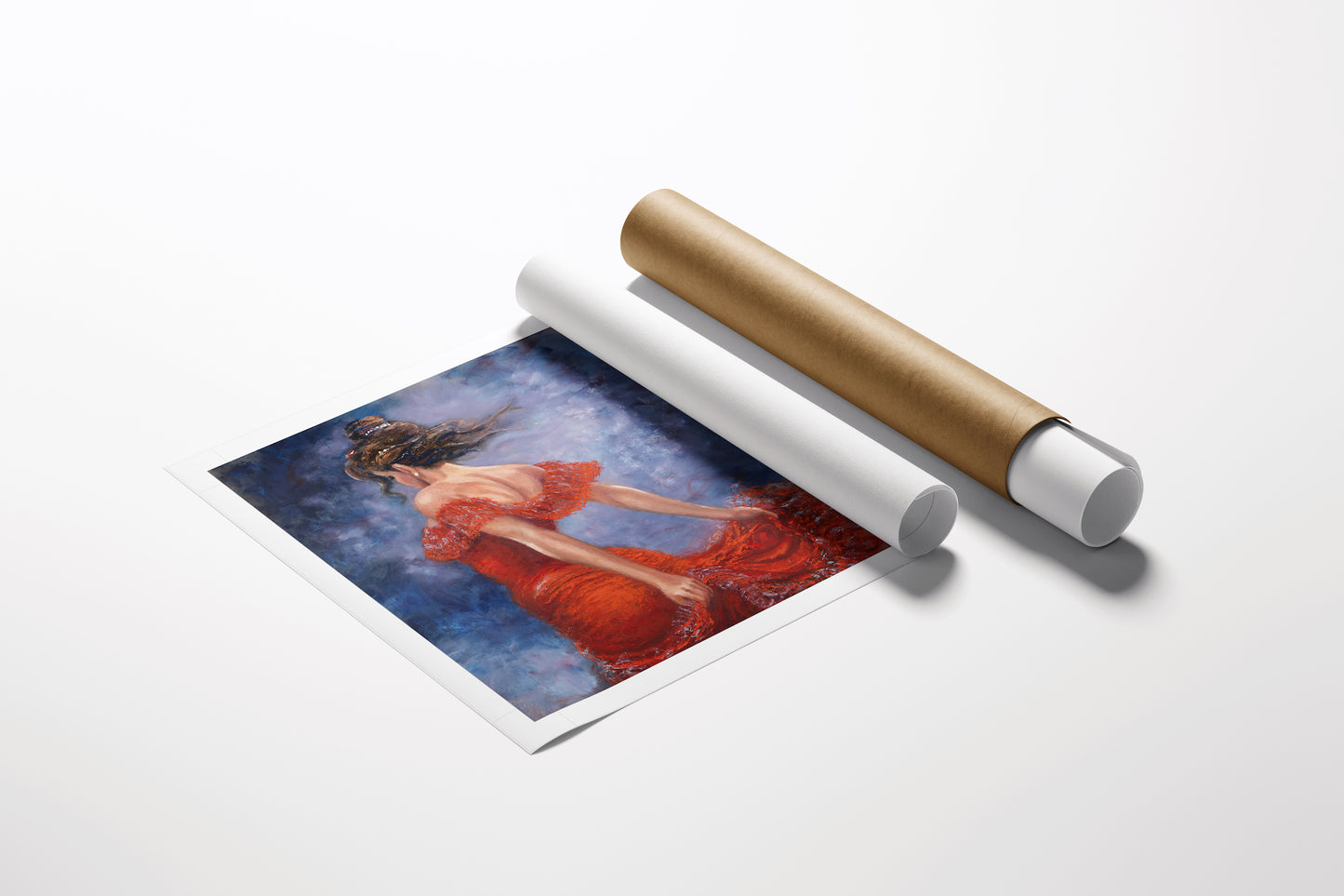 Limited edition fine art rolled canvas featuring a rich, fiery red dancer figure against a textured blue background,. - Flaming Red/AP/#657 - Artist Proofs, Dancers AP, Figurative AP, Rolled Canvas