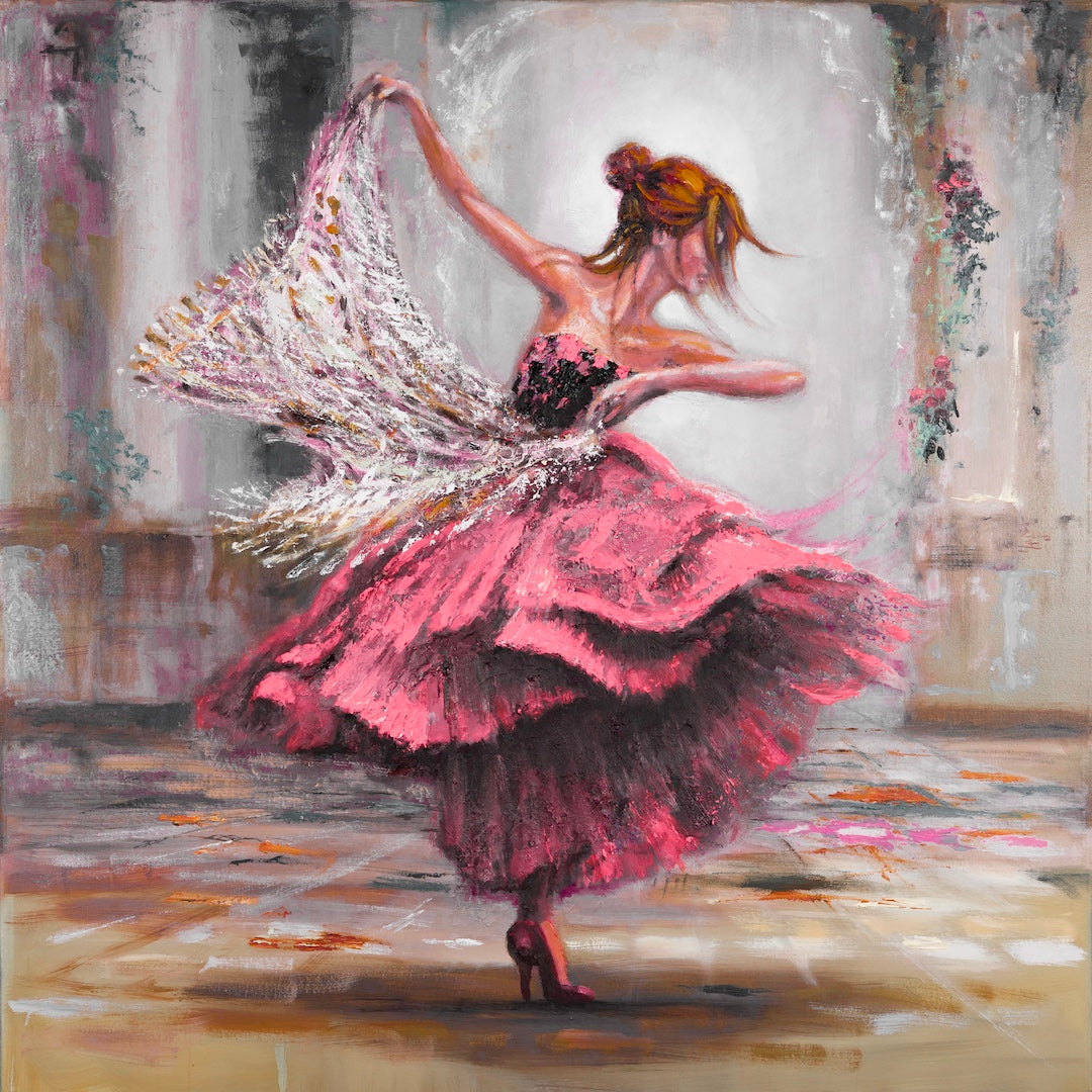 Limited fine art canvas print depicting a dancer in a rich, layered red dress with a flowing shawl, showcasing gallery-level . - Soul Flow/#659/C - Color, Dancers, Figurative, Prints, Reds, Subject Matter