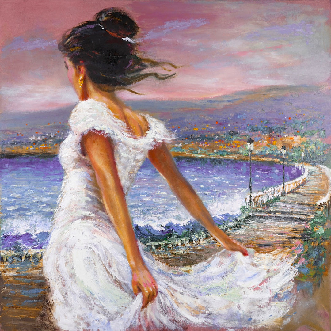 Fine art canvas showing a rich, gallery-level figurative painting of a dancer in a flowing white dress by a vibrant water. - Island Girl/#661/A - Color, Dancers, Figurative, Oranges, Prints, Purples, Subject Matter, Water Scenes
