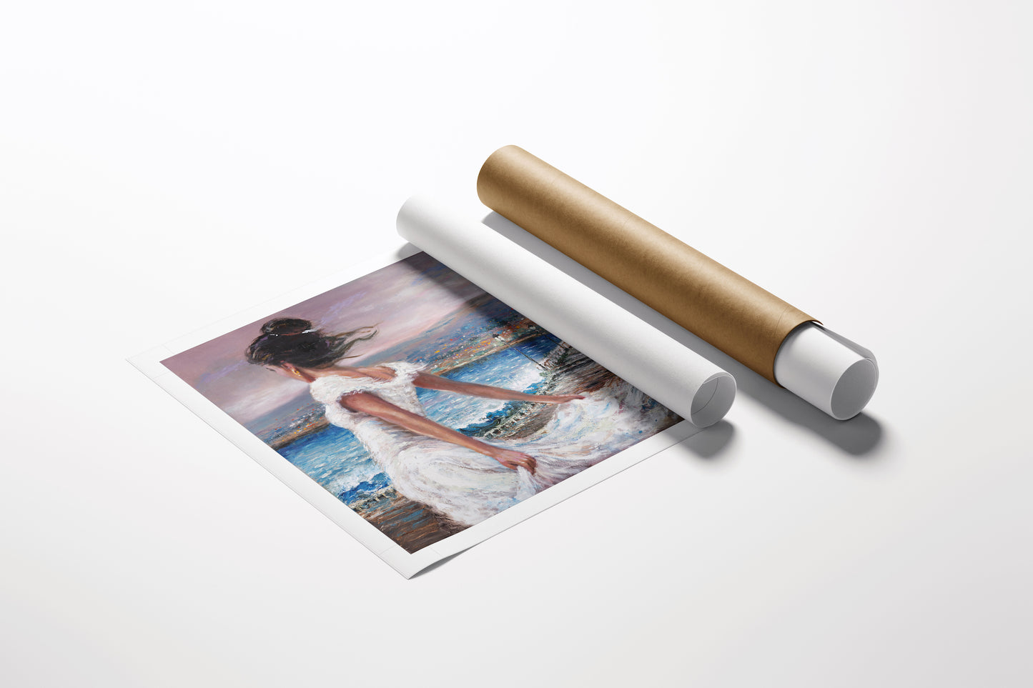 Rolled fine art canvas print showing a dancer in white flowing dress by water, rich blue and pink sky, limited edition. - Island Girl/AP/#661 - Artist Proofs, Dancers AP, Figurative AP, Landscape AP, Rolled Canvas, Water Scenes AP