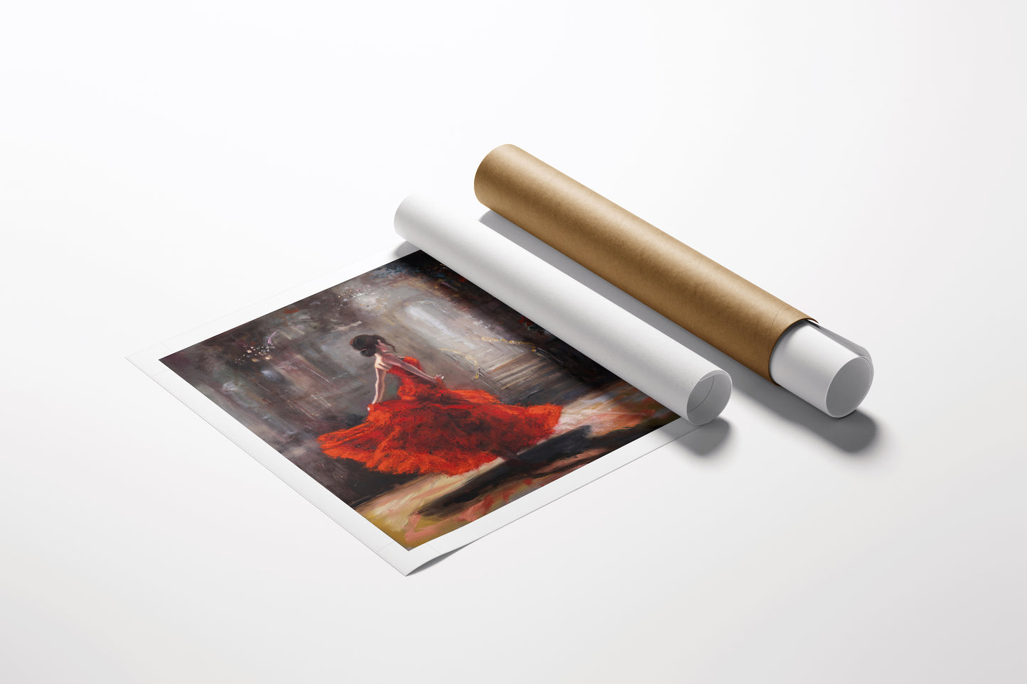 Limited edition fine art print of a dancer in a vibrant red dress, rich colors on rolled canvas showing exceptional. - Spotlight/AP/#664 - Artist Proofs, Dancers AP, Figurative AP, Rolled Canvas