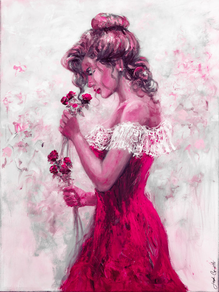 Gallery-level fine art of a woman in a rich red dress holding deep red flowers, detailed with delicate floral print and soft . - Lady in Red/#668/A - Color, Figurative, Floral, Prints, Reds, Subject Matter