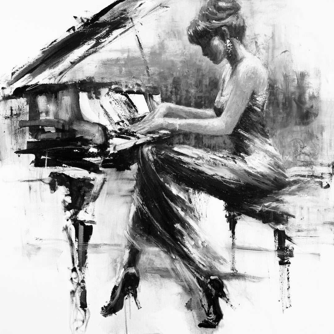 Rich black and white fine art print of a woman playing piano, showcasing gallery-level craftsmanship and limited edition. - Piano Classic/#66/D - Black & White, Color, Figurative, Prints, Subject Matter, Women & Piano