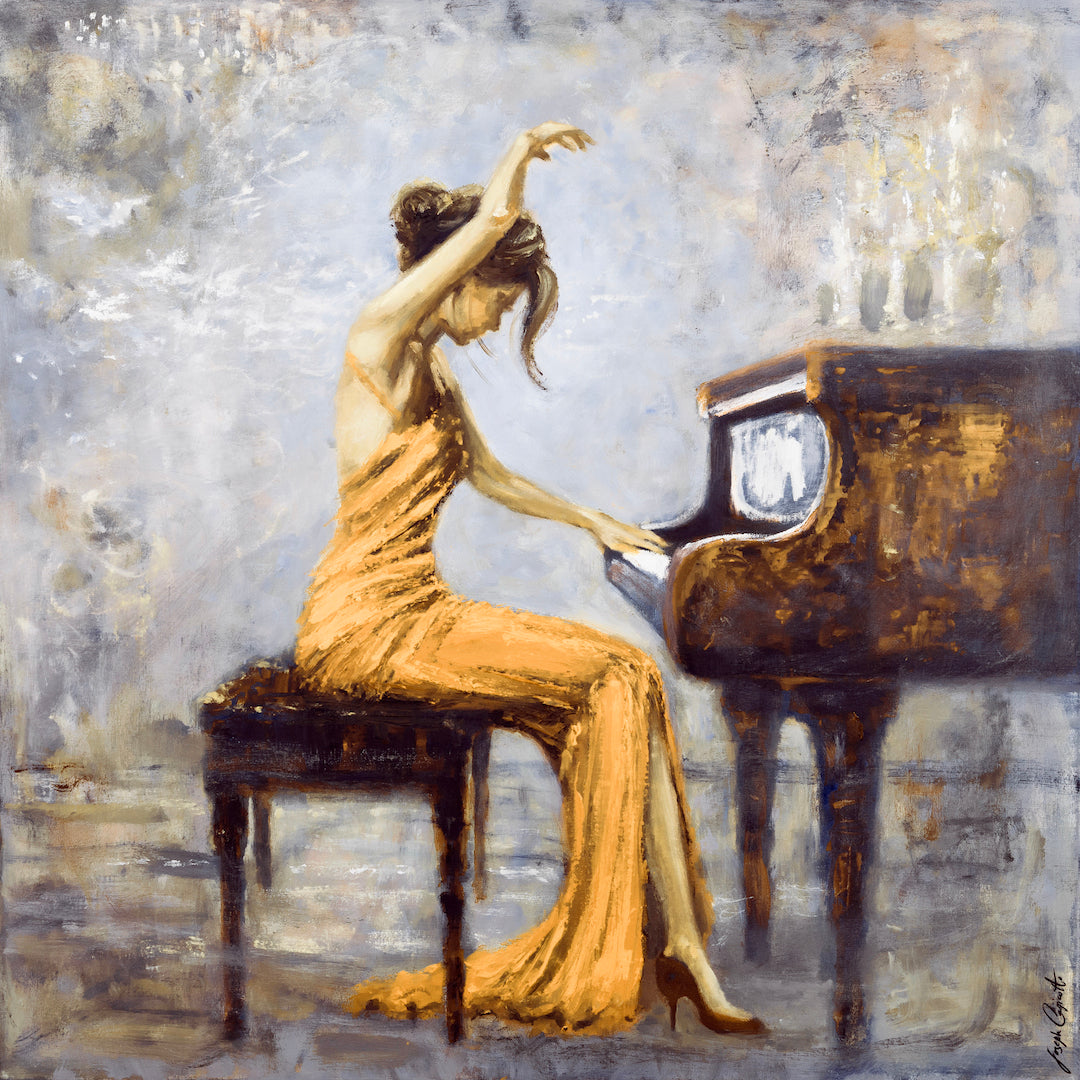Richly textured fine art print of a woman in an orange gown playing a grand piano, showcasing gallery-level craftsmanship. - Crescendo in Flight/#671/C - Color, Figurative, Oranges, Prints, Subject Matter, Women & Piano